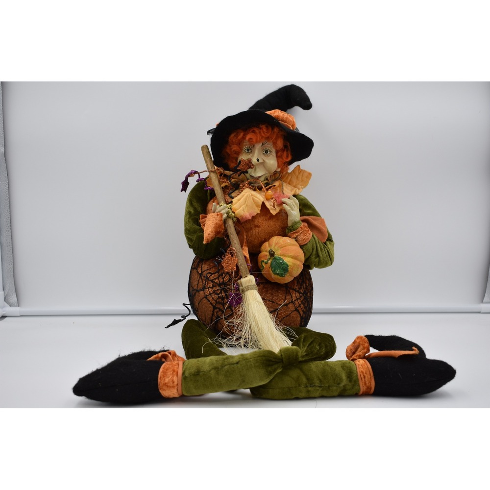 Vintage Mark Roberts Halloween Lanky Witch Shelf Sitter Plush Pumpkin Base Broom